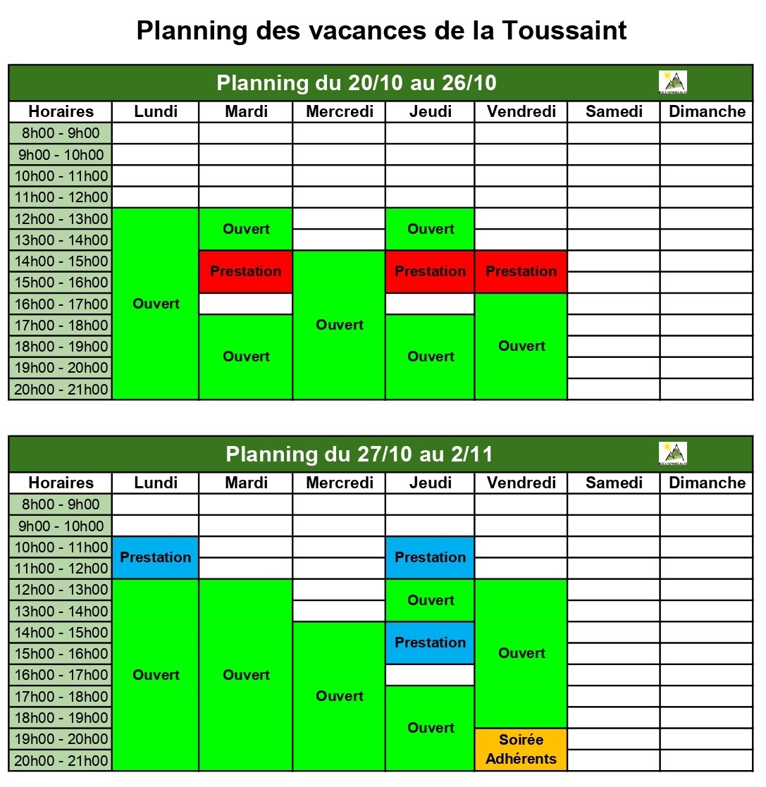 Horaires de la salle pour les vacances de la toussaint
