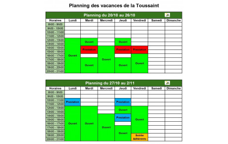 Horaires de la salle pour les vacances de la toussaint